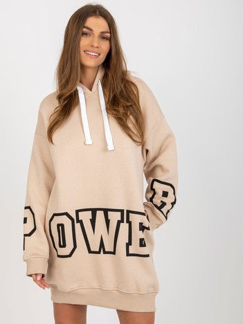 Lange Hoodie met POWER-Tekst – Beige