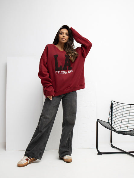 Oversized Sweater met Geborduurde Tekst – Bordeaux