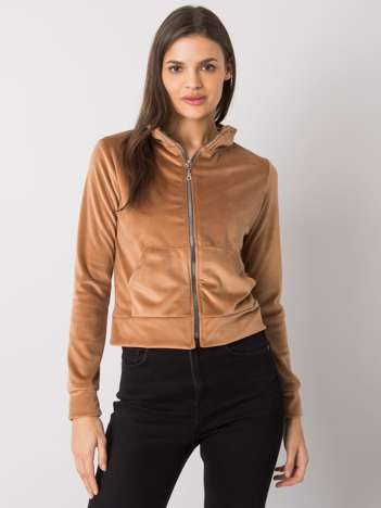Velours Sweater met Rits en Opstaande Kraag – Camel