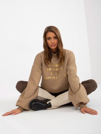 Sweater met Col en Print – Donkerbeige