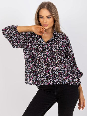 Blouse met Kleine Bloemenprint – Zwart/Roze