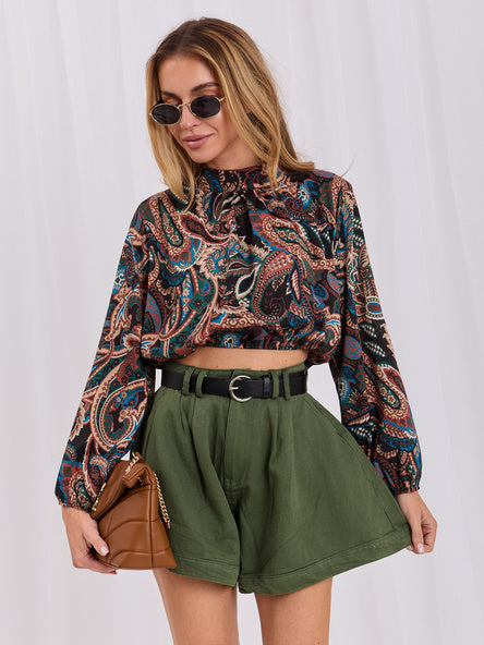 Paisley Blouse met Hoge Hals – Zwart/Beige