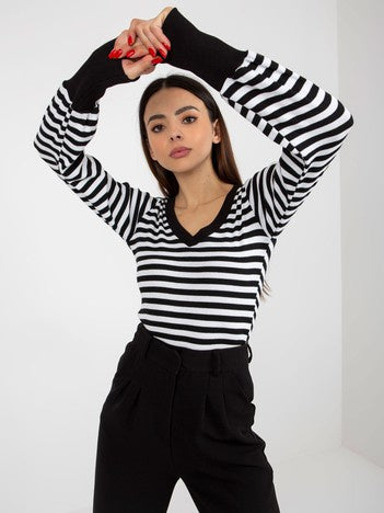 Gestreepte V-hals Top – Zwart/Wit