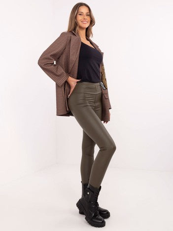 Khaki Gevoerde Leatherlook Legging met Hoge Taille