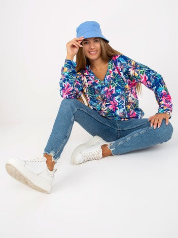 Velours Blouse met Print – Donkerblauw