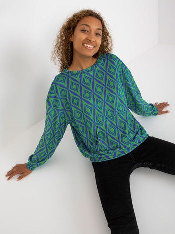 Velours Sweater met Print – Groen/Blauw
