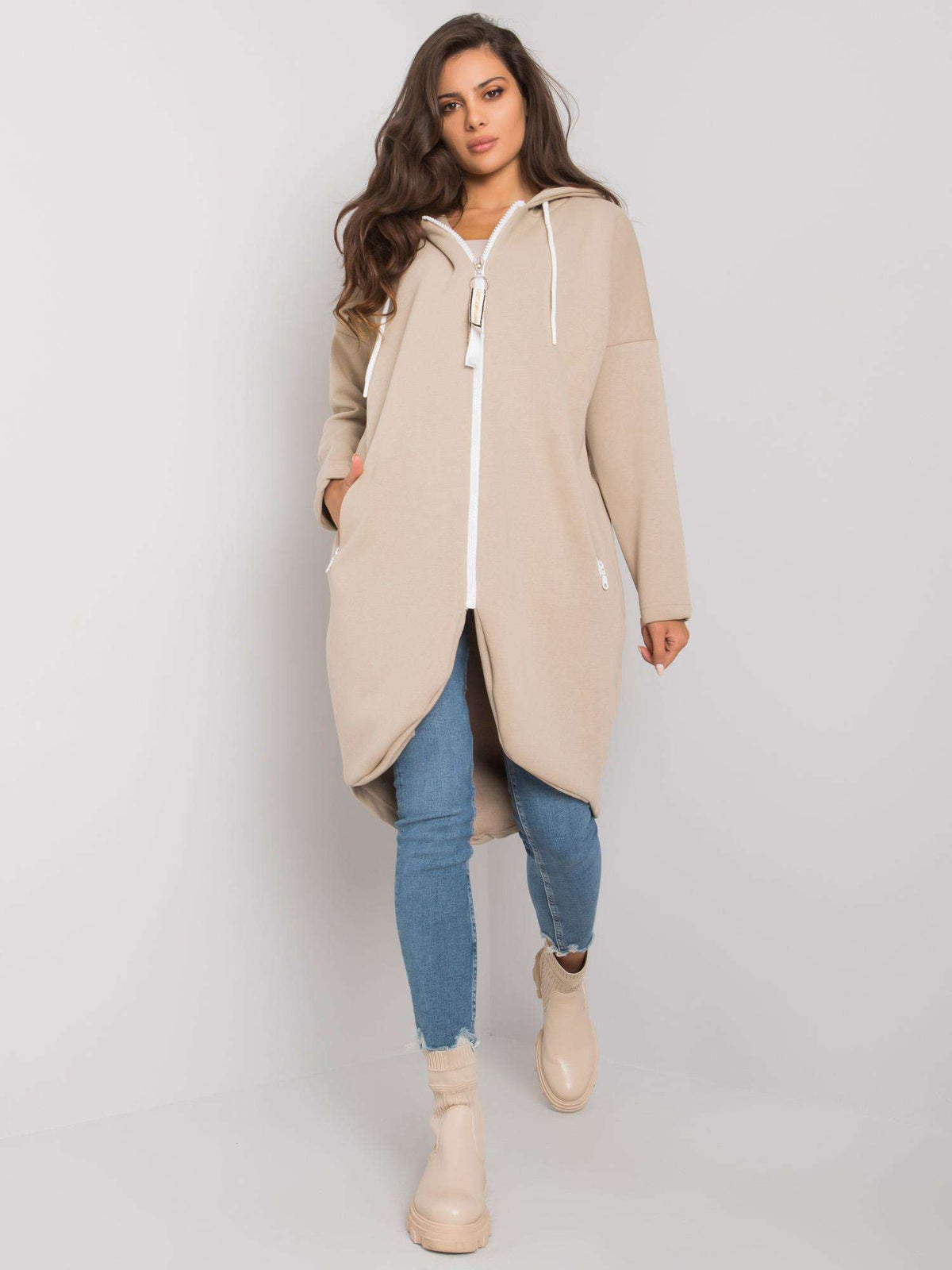 Stunning Lange Hoodie met Rits – Beige