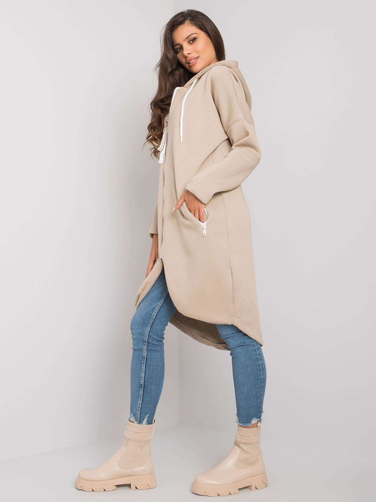 Stunning Lange Hoodie met Rits – Beige