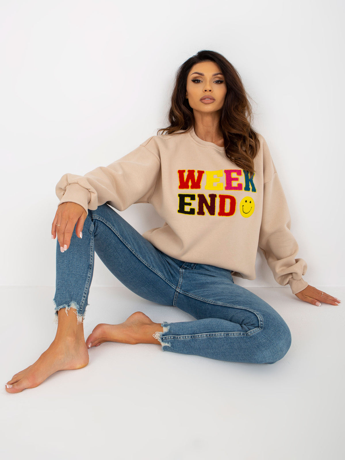 Sweater met Tekst en Pofmouwen – Beige