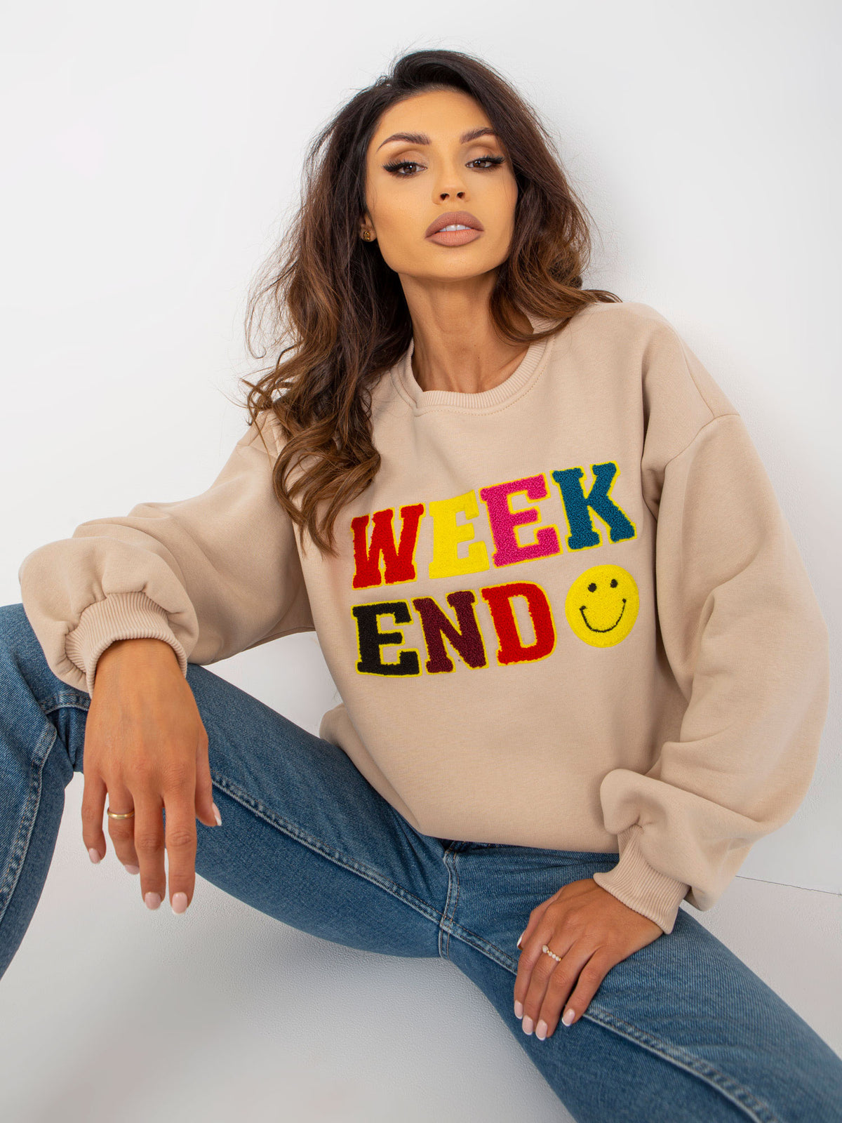 Sweater met Tekst en Pofmouwen – Beige