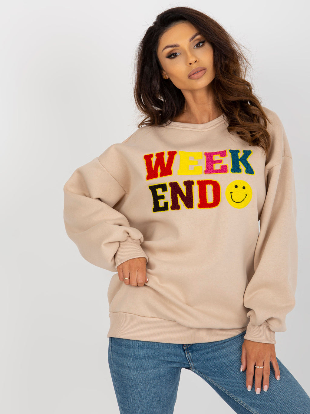 Sweater met Tekst en Pofmouwen – Beige