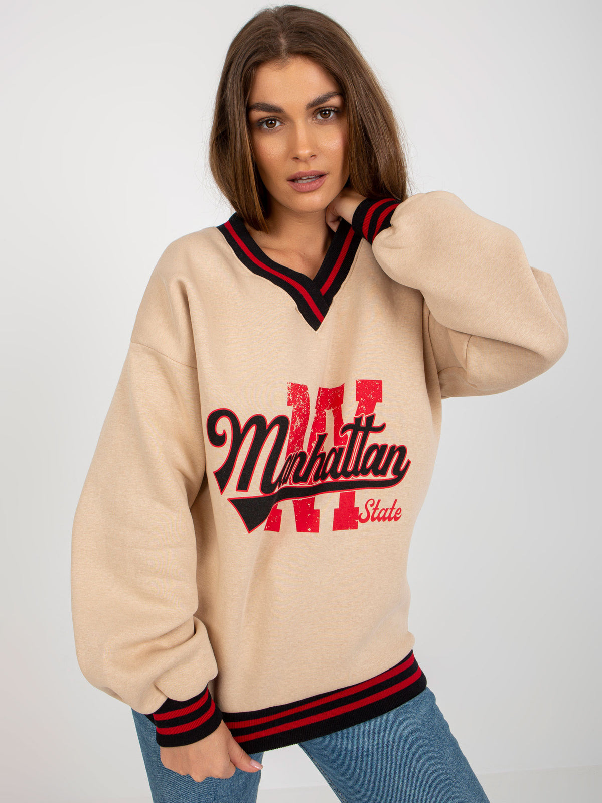 Sweater met Tekst en V-hals – Beige