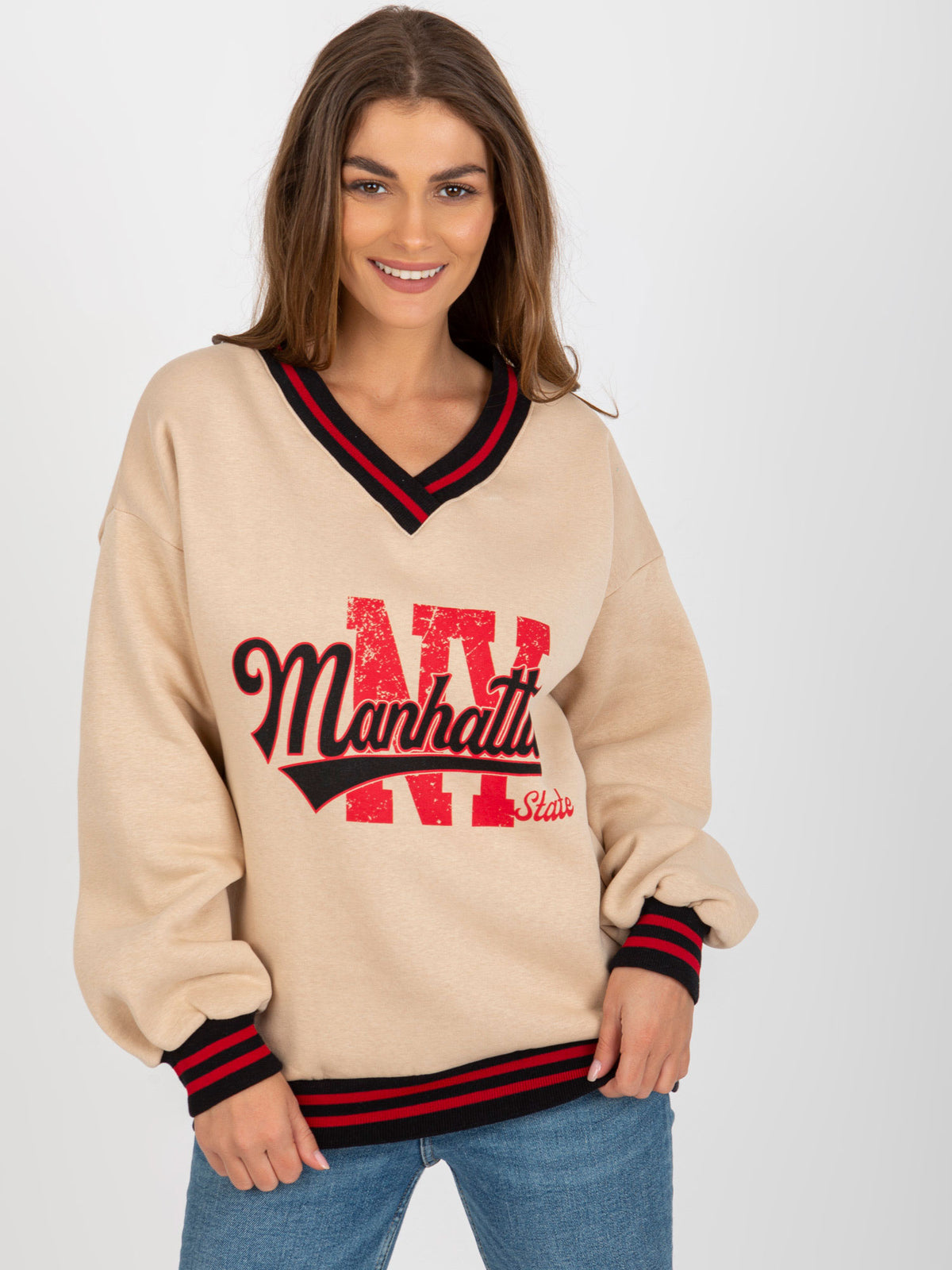 Sweater met Tekst en V-hals – Beige