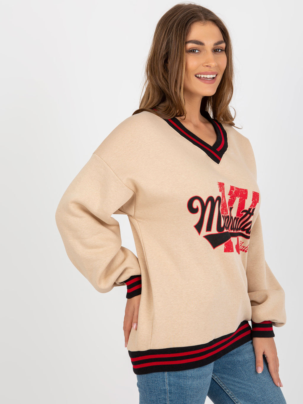 Sweater met Tekst en V-hals – Beige