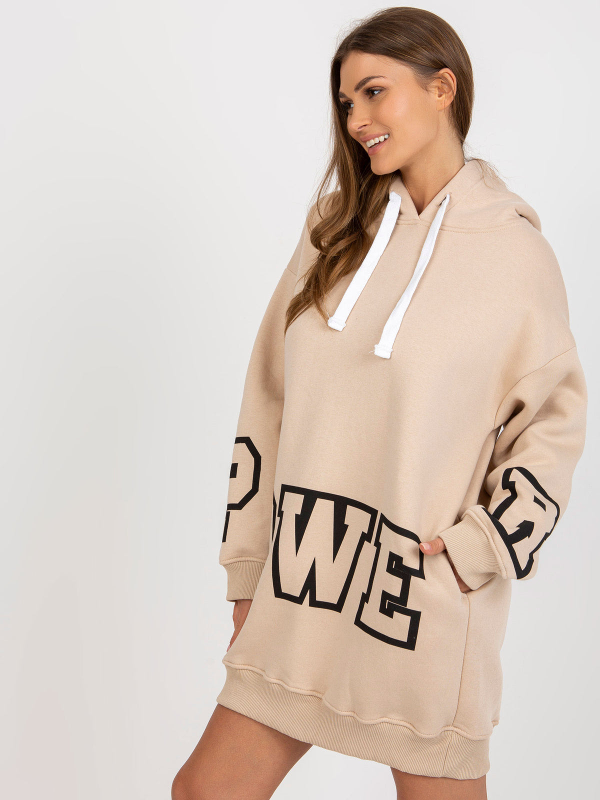 Lange Hoodie met POWER-Tekst – Beige