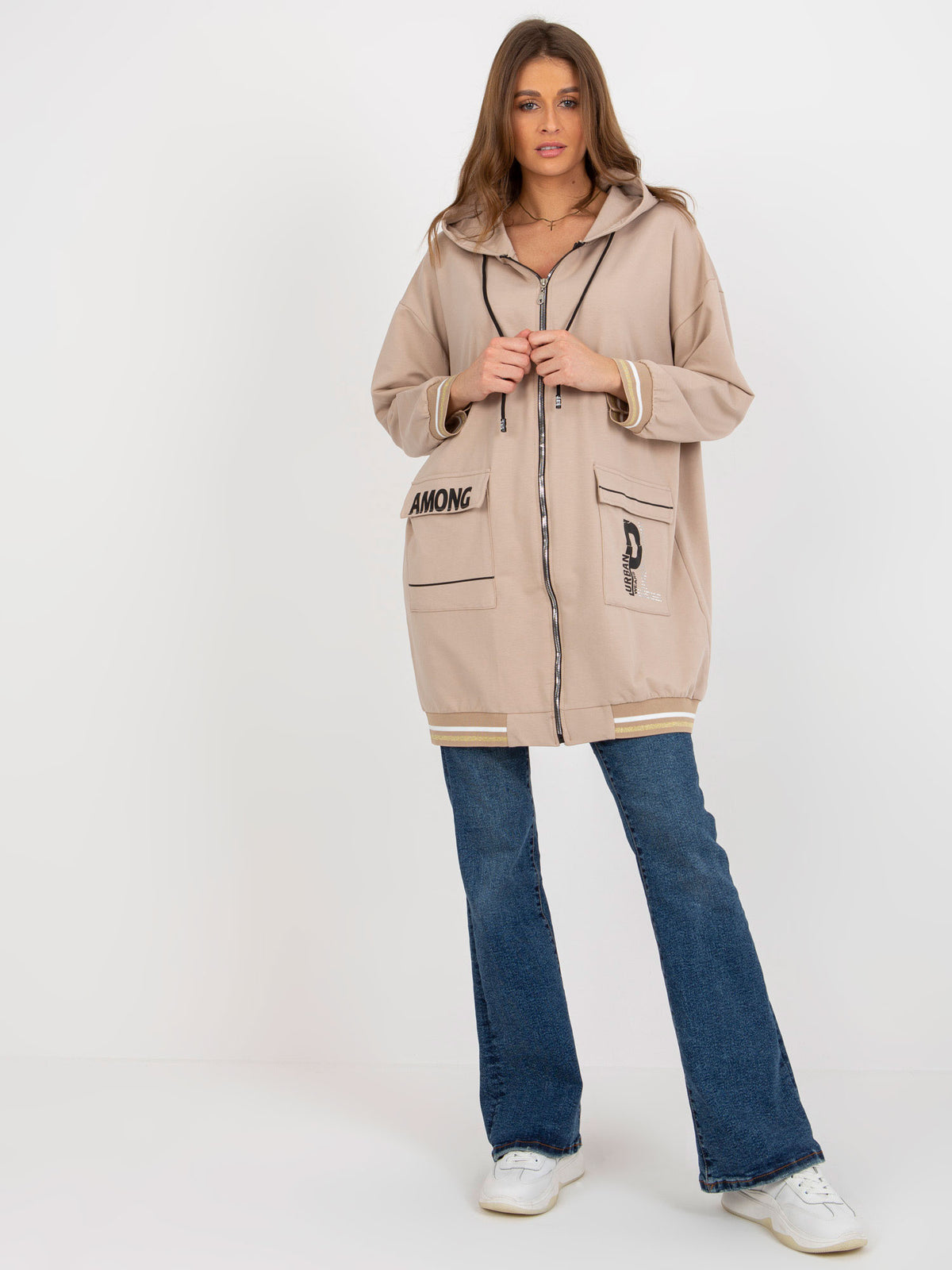 Lange Hoodie met Rits – Beige