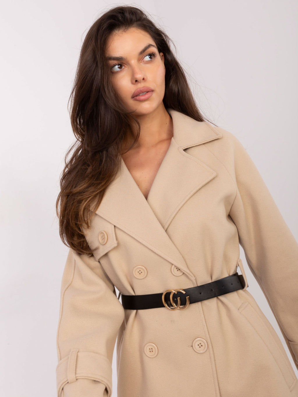 Beige Double-Breasted Mantel met Ceintuur