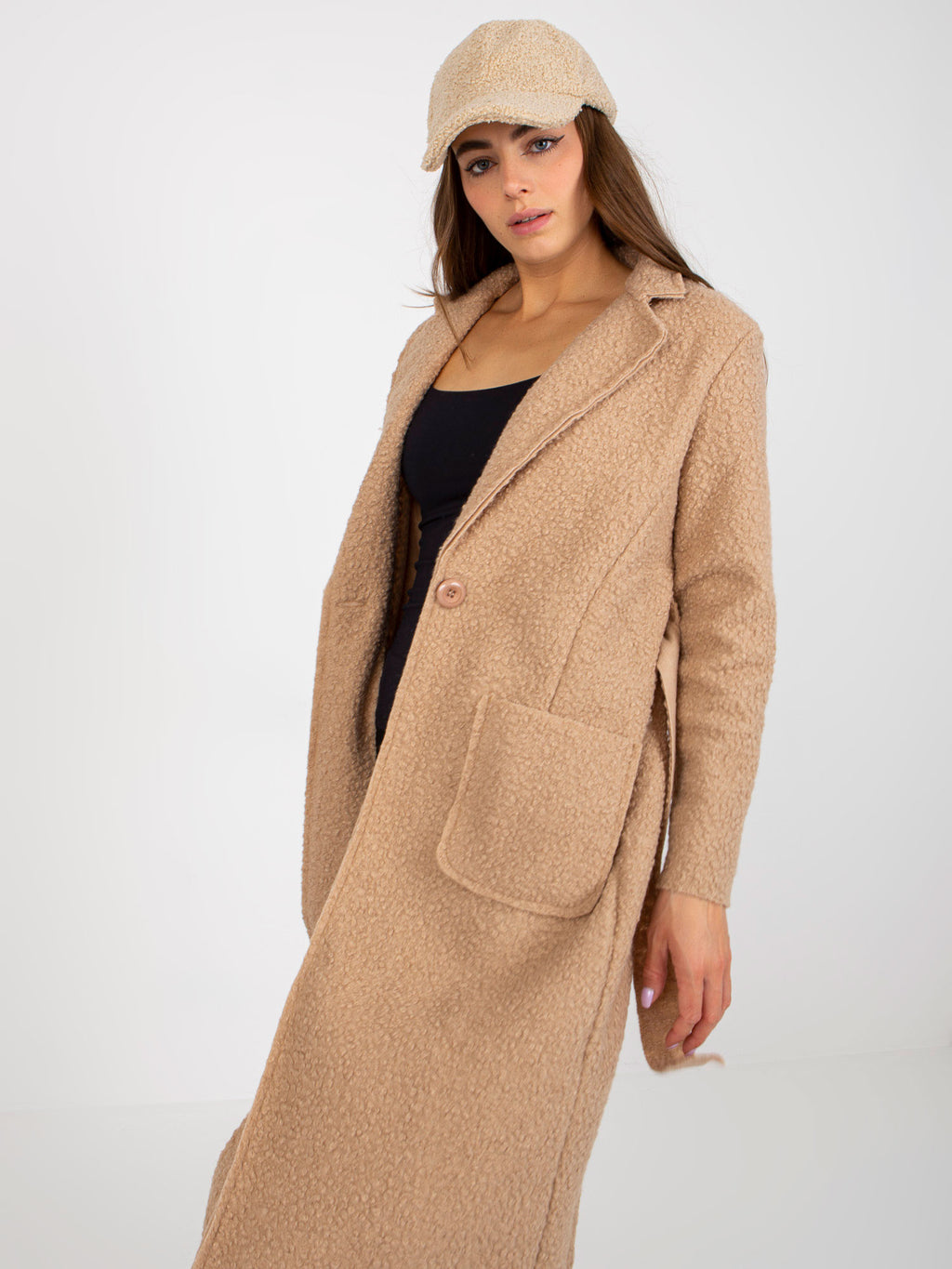 Lange Pluche Maxi Mantel met Ceintuur – Beige
