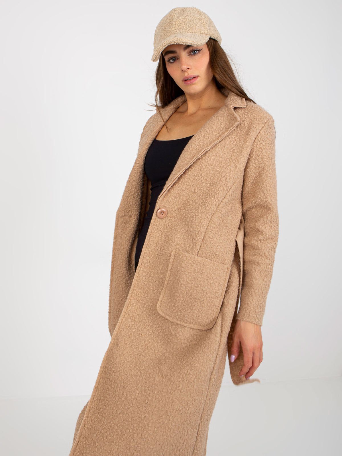 Lange Pluche Maxi Mantel met Ceintuur – Beige