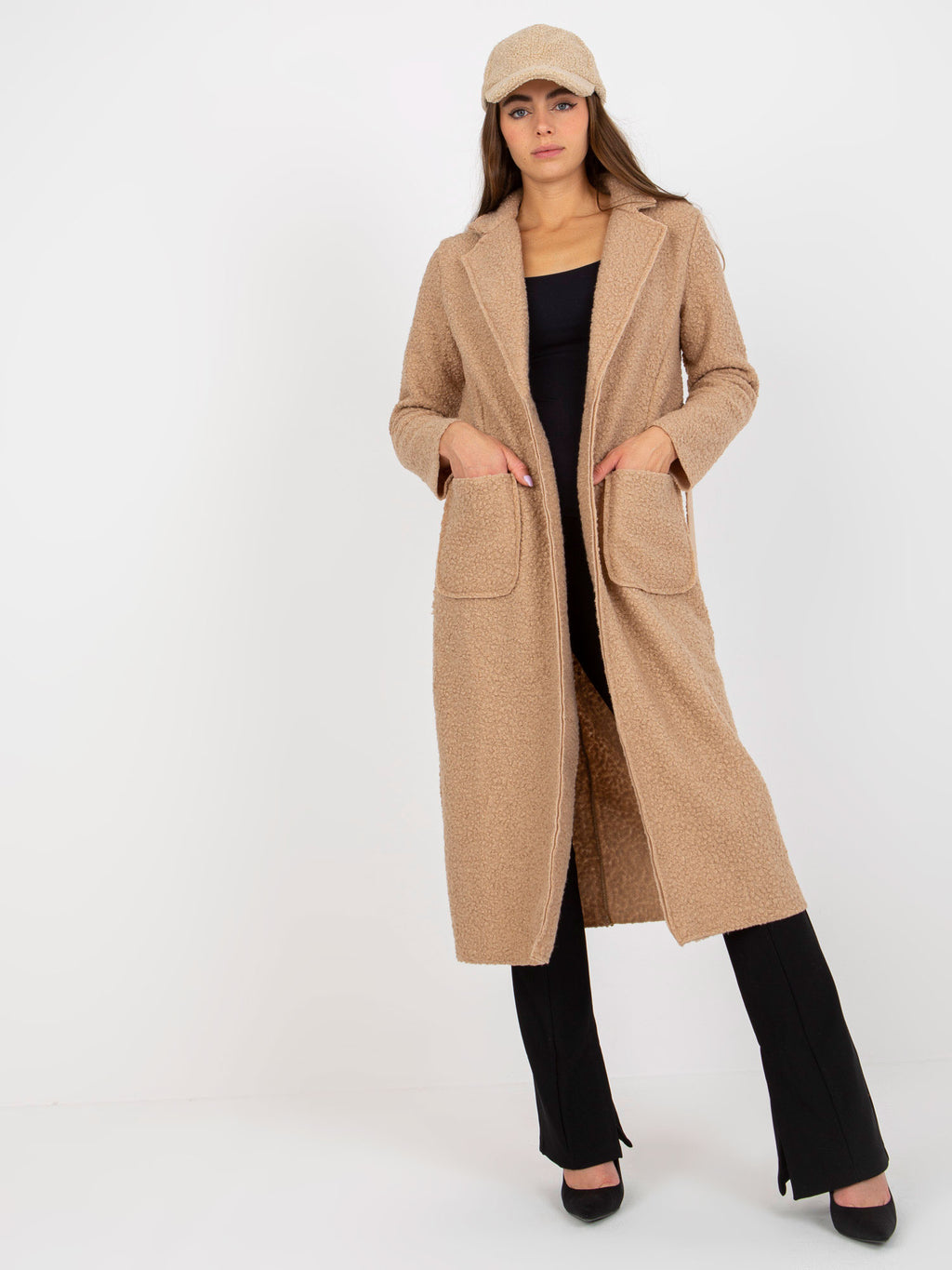 Lange Pluche Maxi Mantel met Ceintuur – Beige