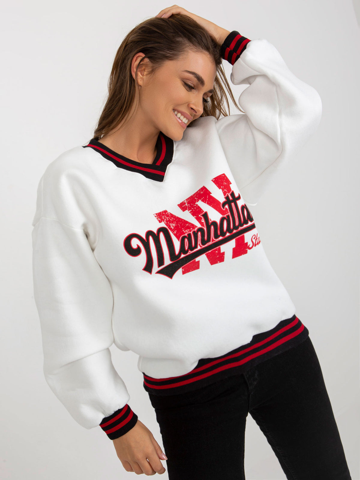 Sweater met Print en V-hals – Wit