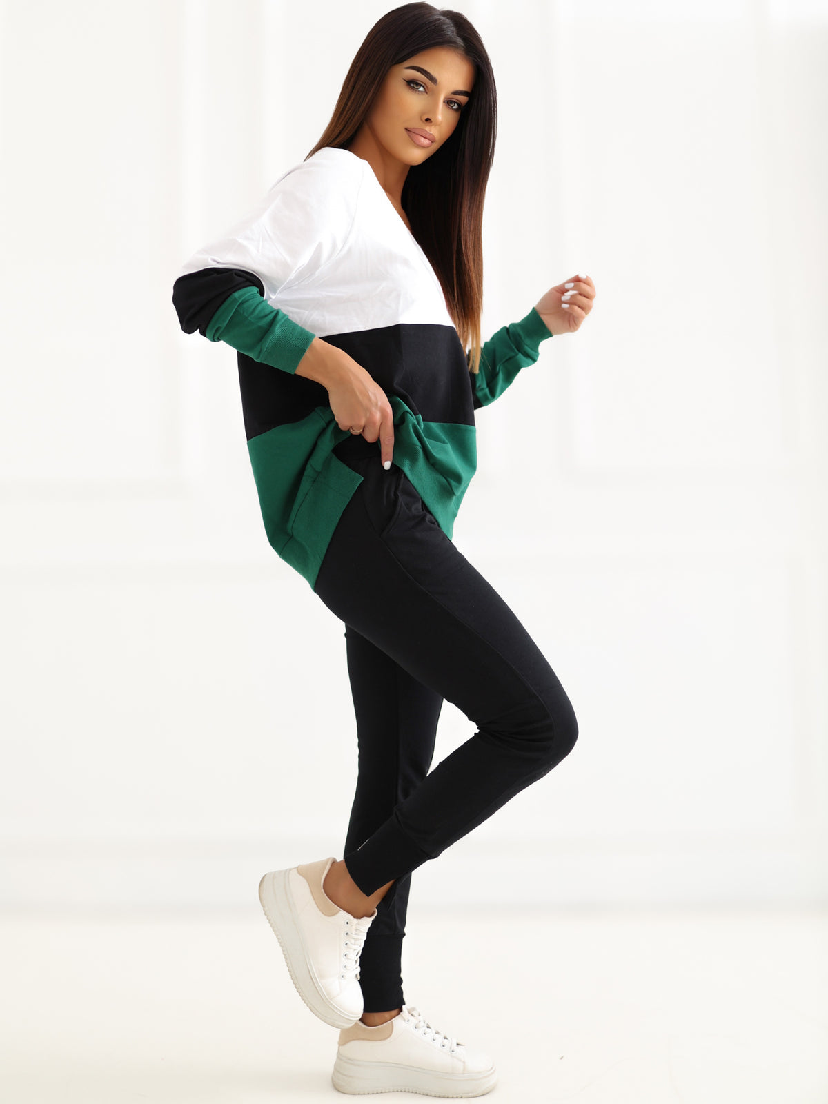 Gestreepte Sweater met V-hals – Donkergroen
