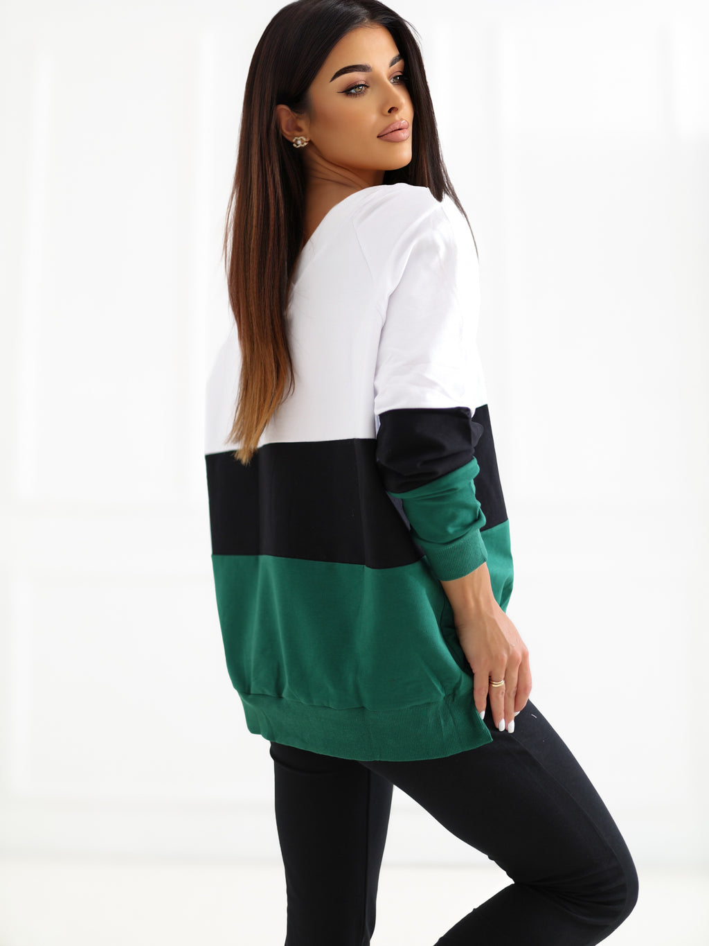 Gestreepte Sweater met V-hals – Donkergroen