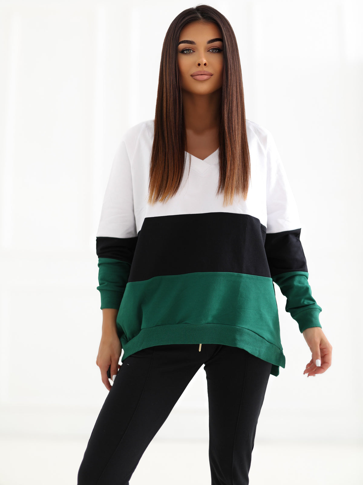 Gestreepte Sweater met V-hals – Donkergroen