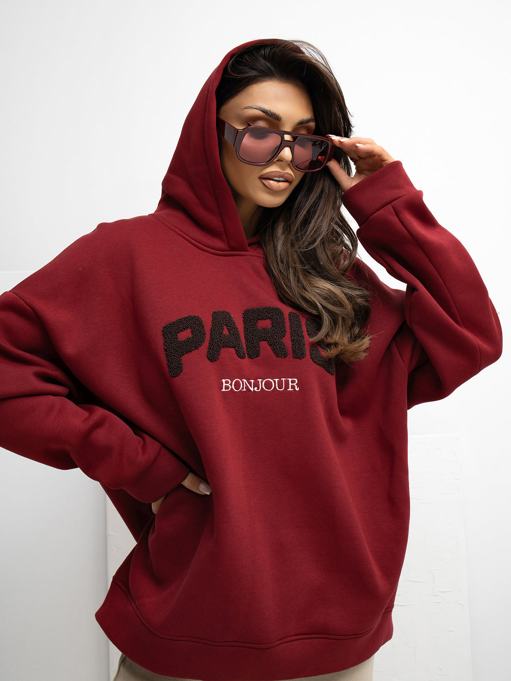 Hoodie met Paris-Borduursel – Bordeaux