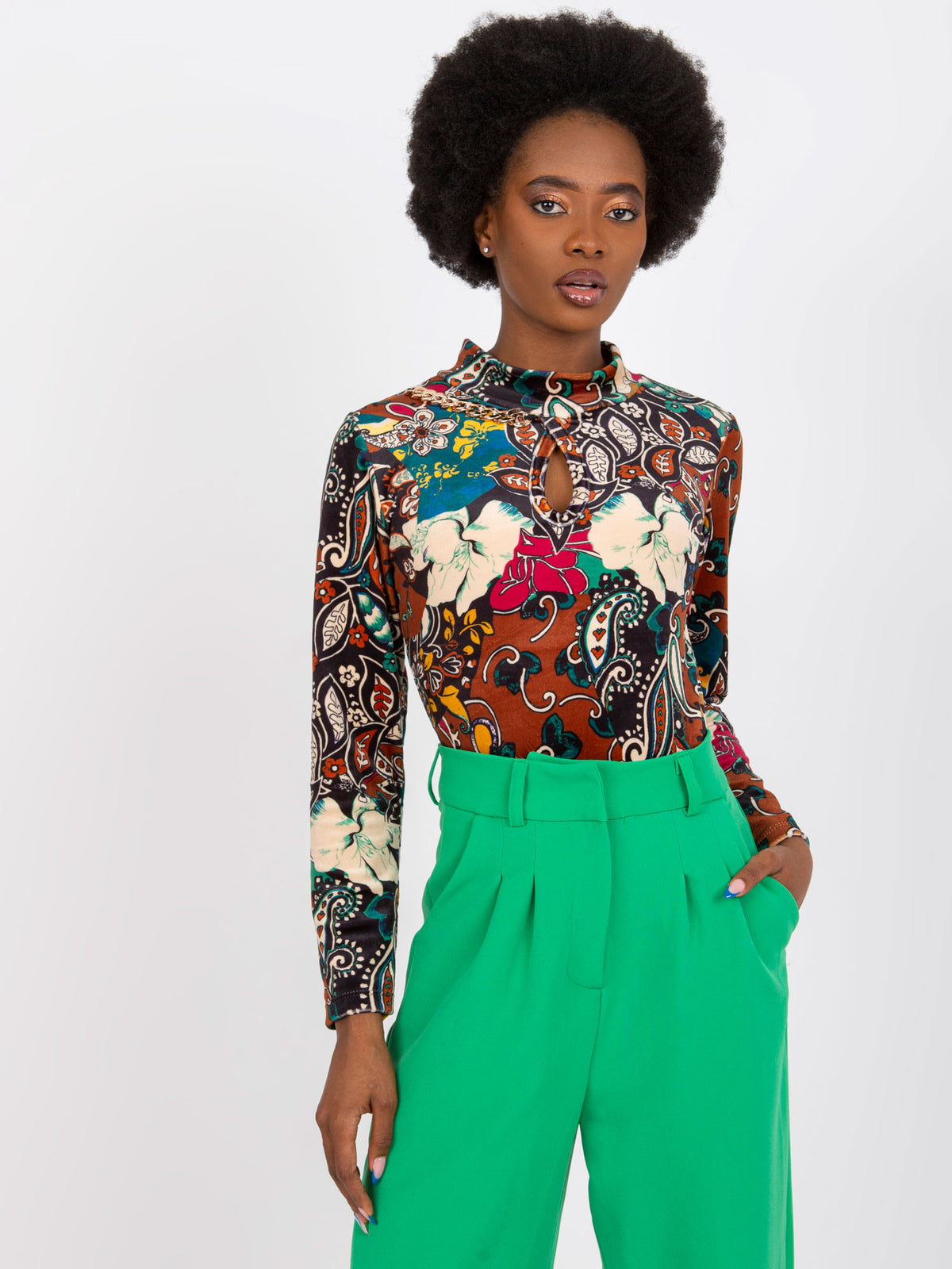 Paisley Blouse met Hoge Hals – Bruin/Multi