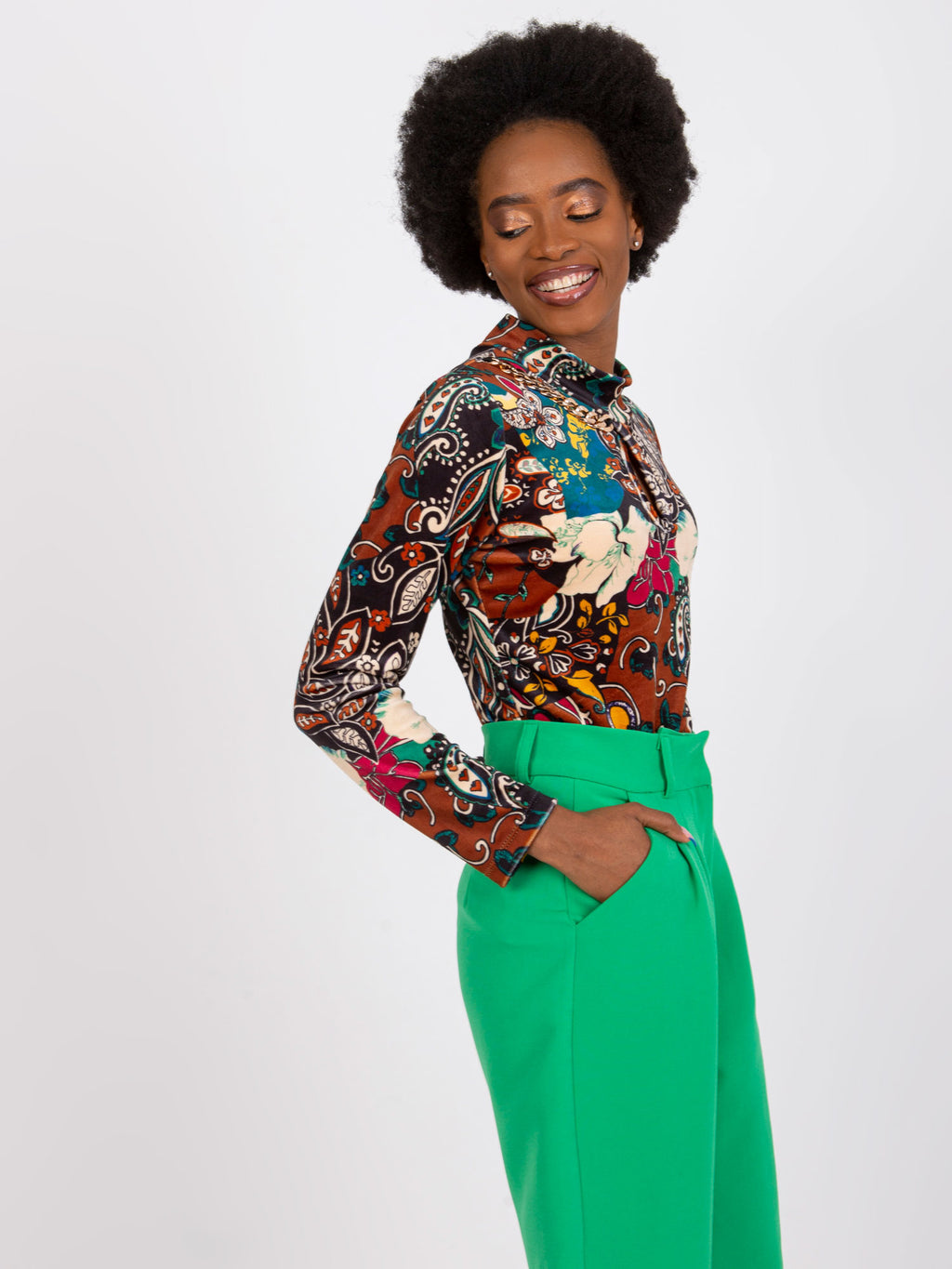 Paisley Blouse met Hoge Hals – Bruin/Multi
