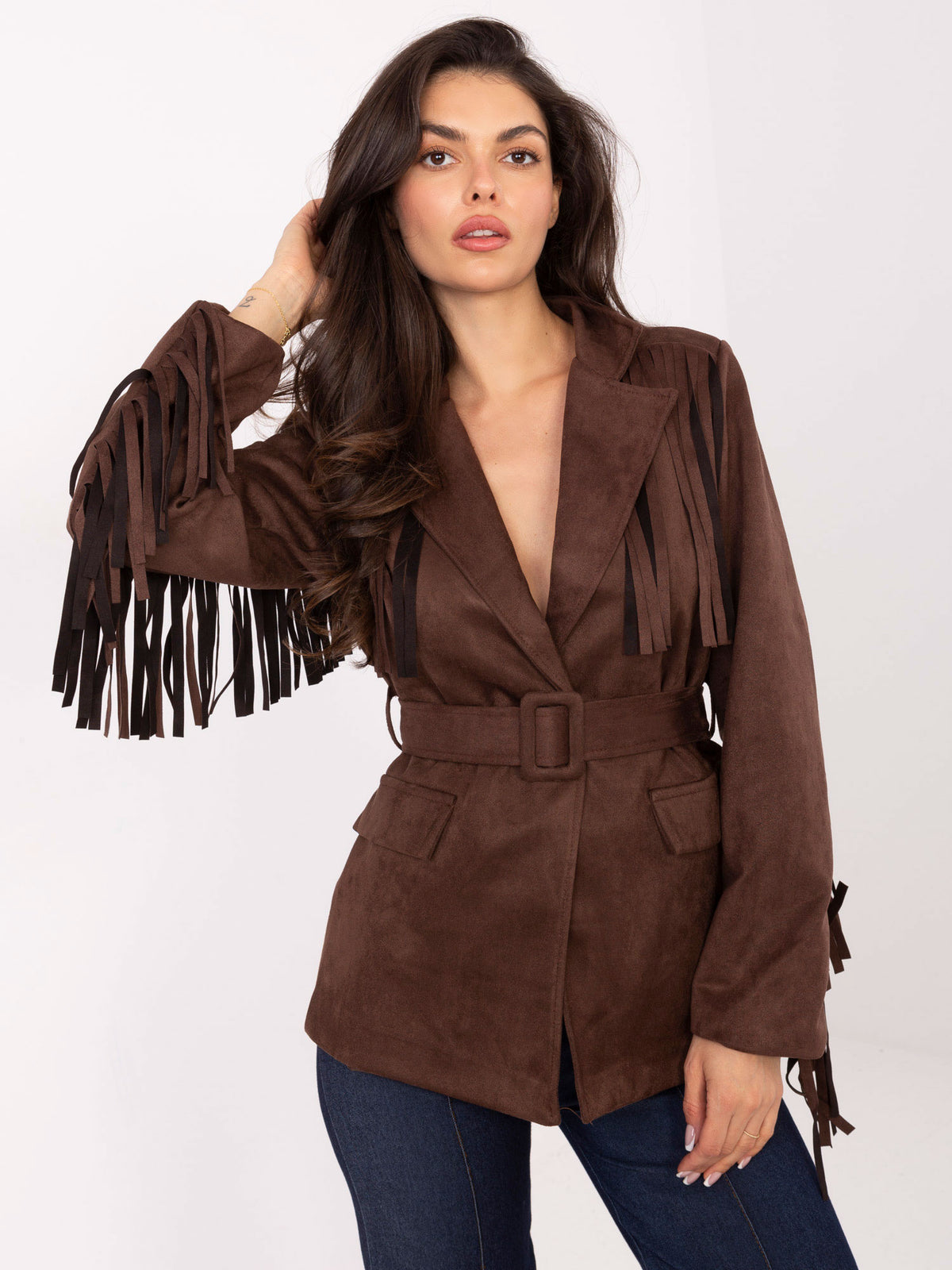 Bruine Suèdelook Blazer met Ceintuur