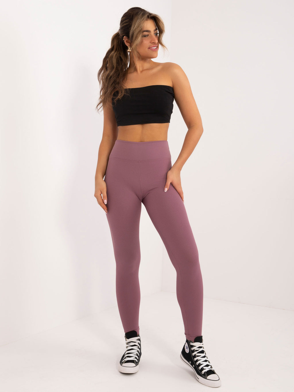 Geribde High-Waist Legging – Donkerroze