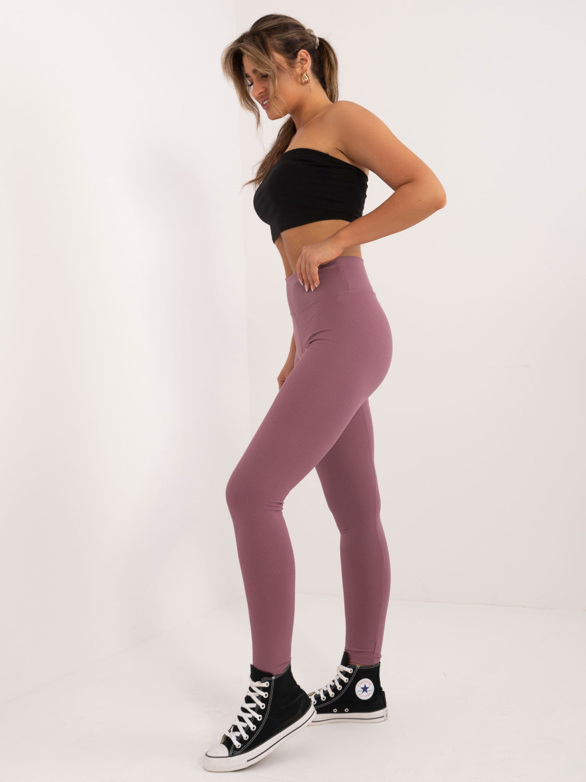 Geribde High-Waist Legging – Donkerroze