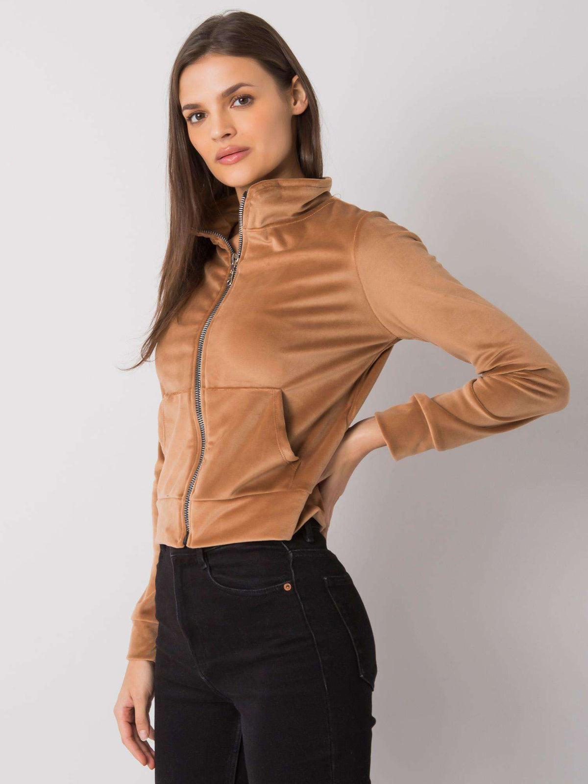 Velours Sweater met Rits en Opstaande Kraag – Camel