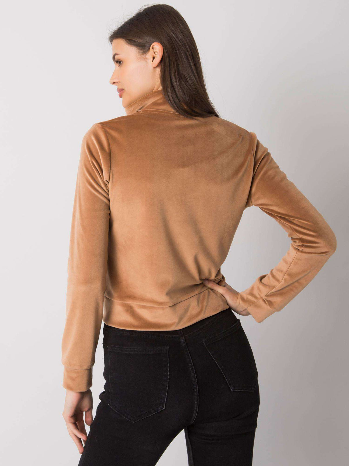 Velours Sweater met Rits en Opstaande Kraag – Camel