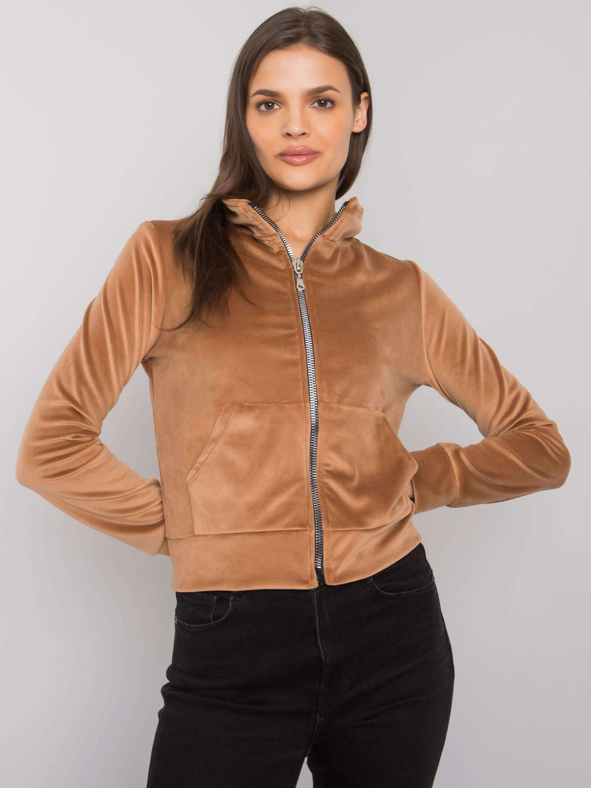 Velours Sweater met Rits en Opstaande Kraag – Camel