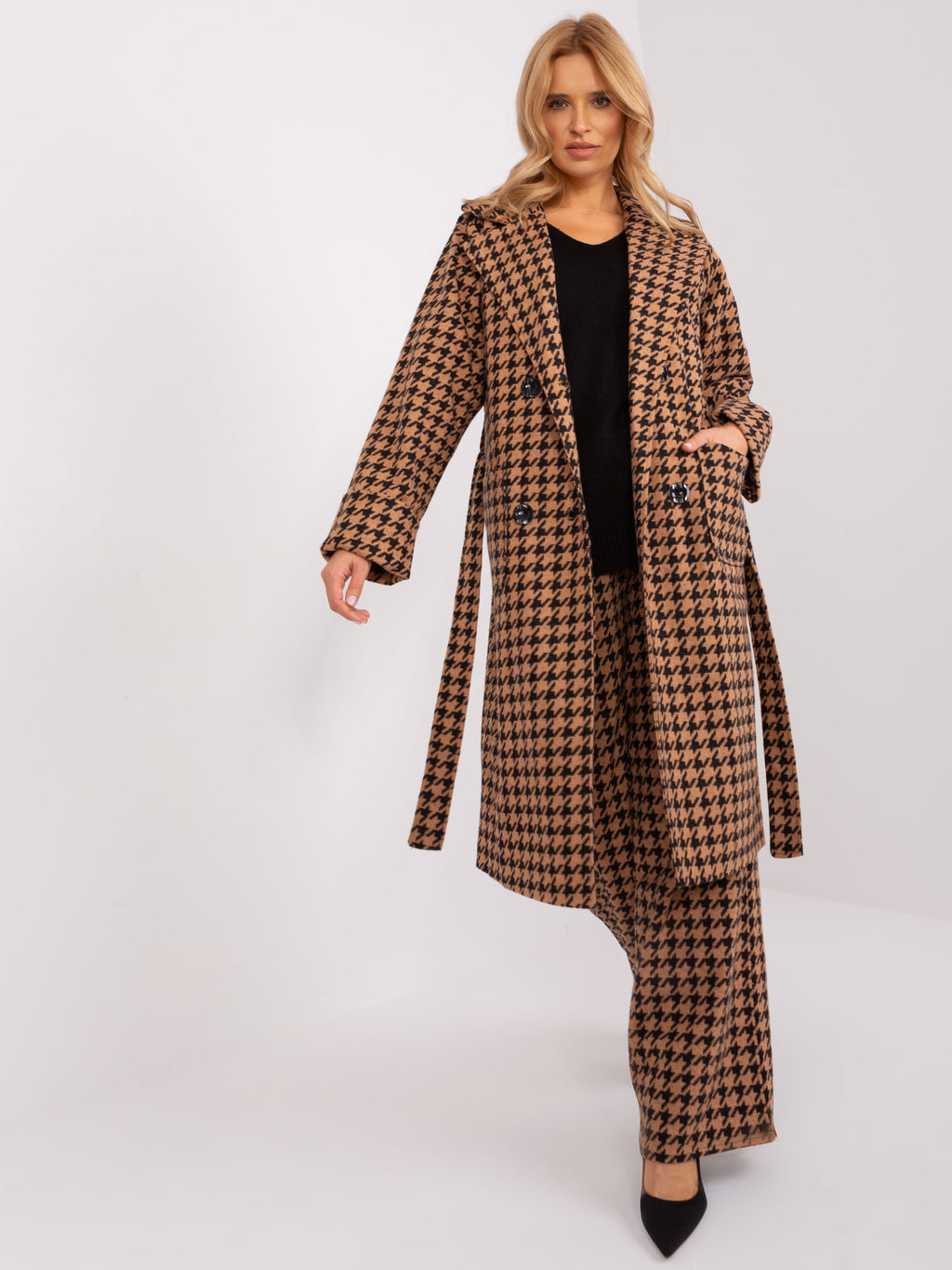 Camel-Zwarte Lange Houndstooth Mantel met Ceintuur