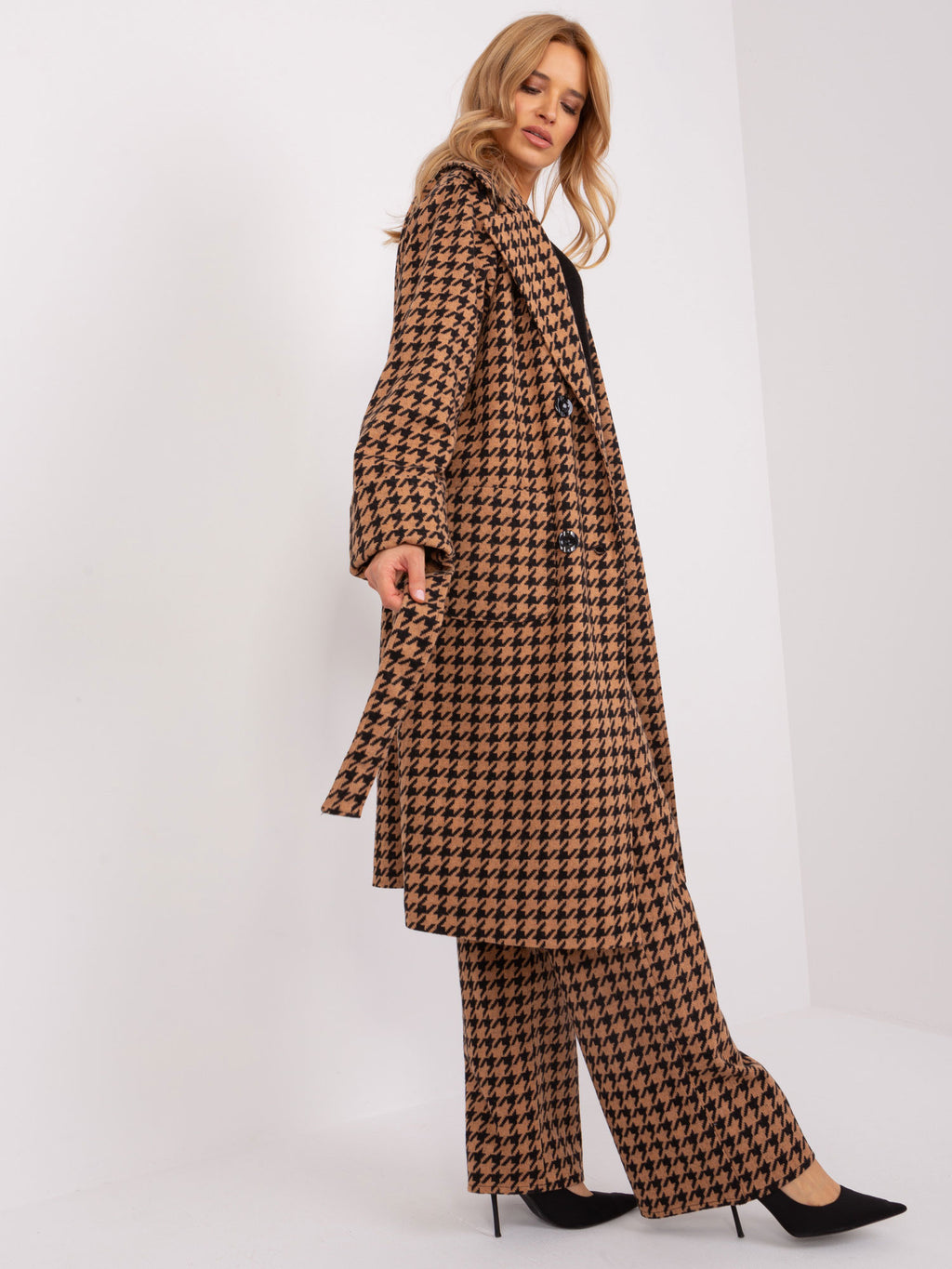 Camel-Zwarte Lange Houndstooth Mantel met Ceintuur