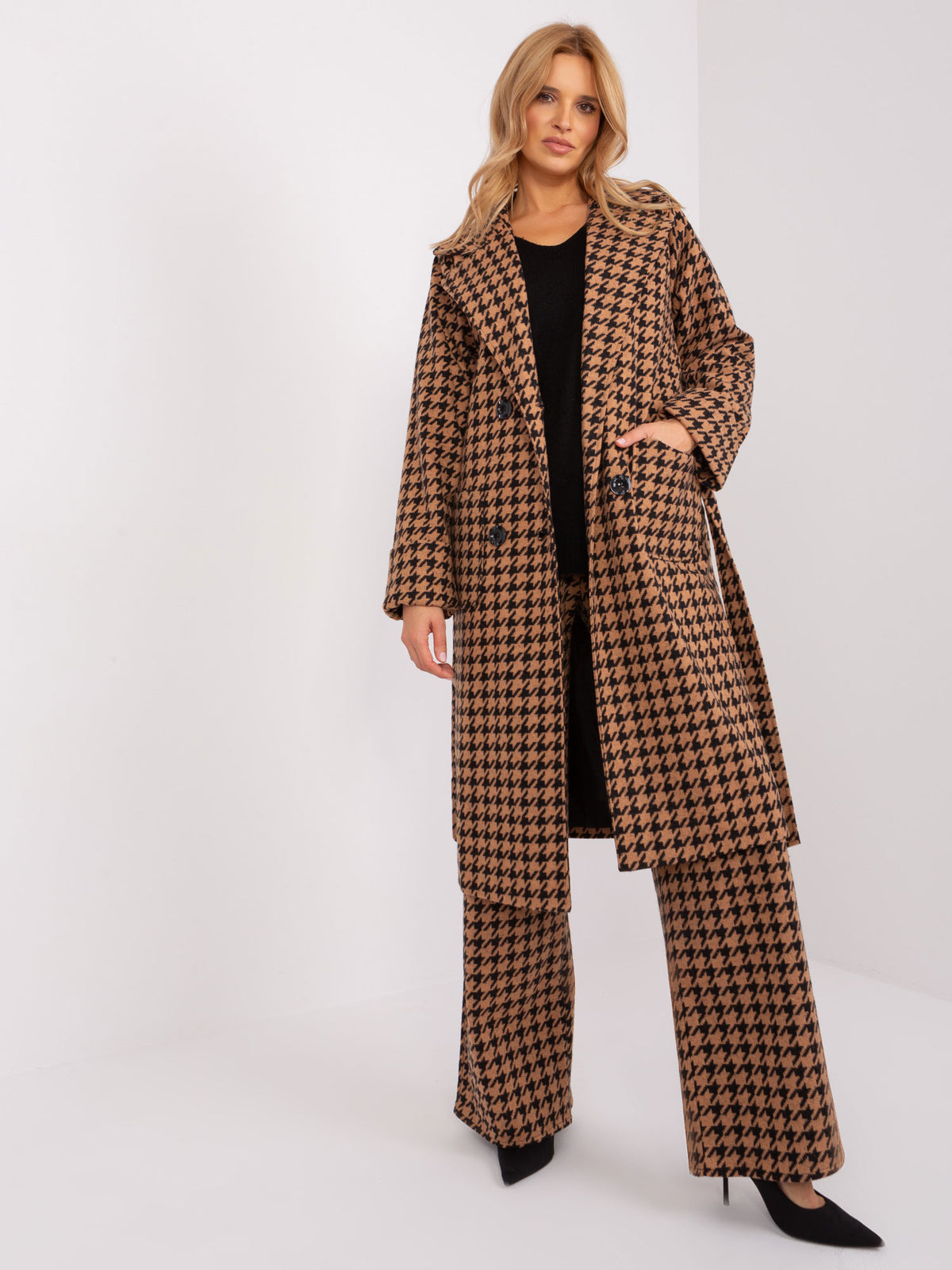 Camel-Zwarte Lange Houndstooth Mantel met Ceintuur
