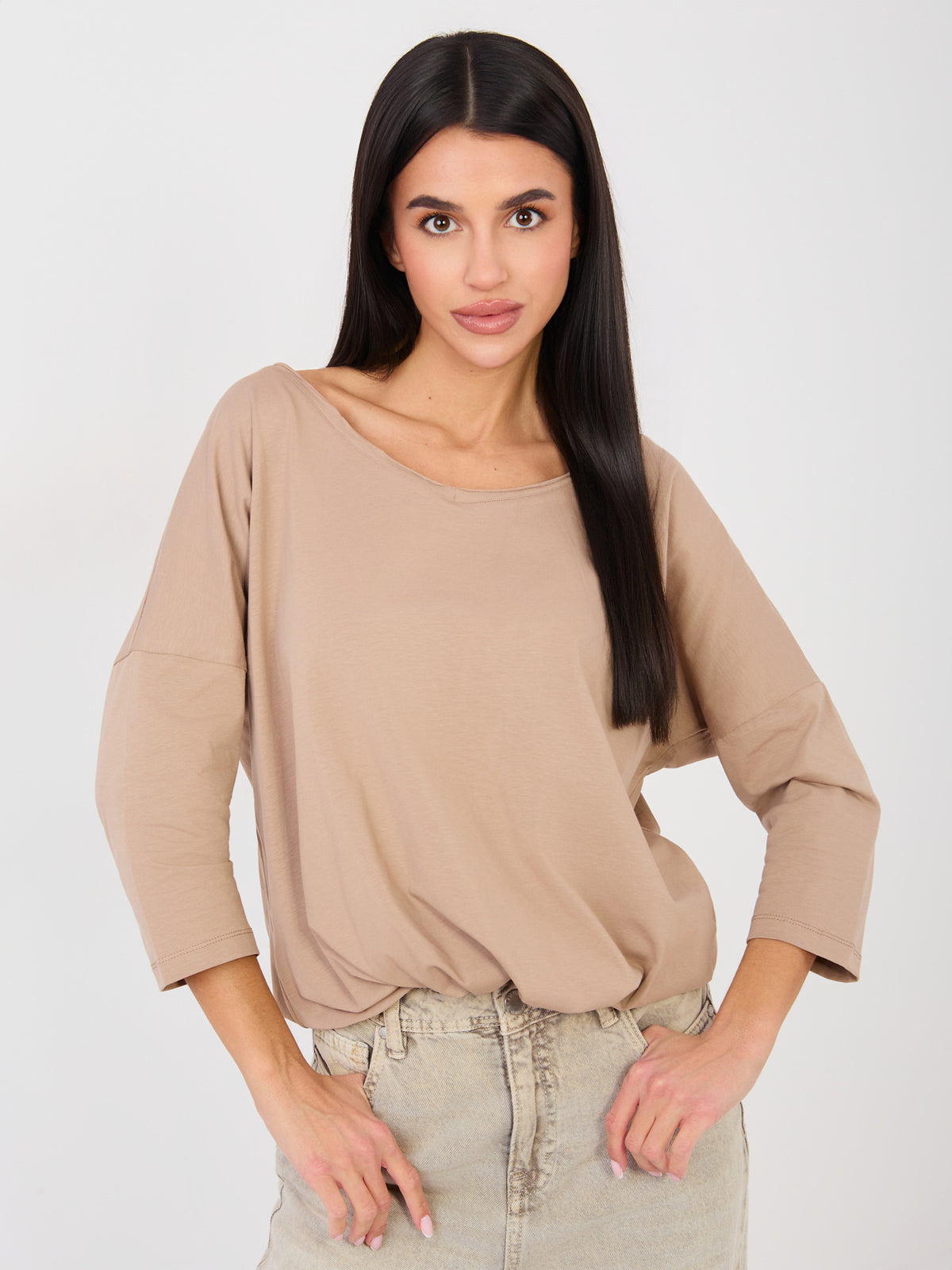 Basic Blouse met 3/4 Mouw – Donkerbeige