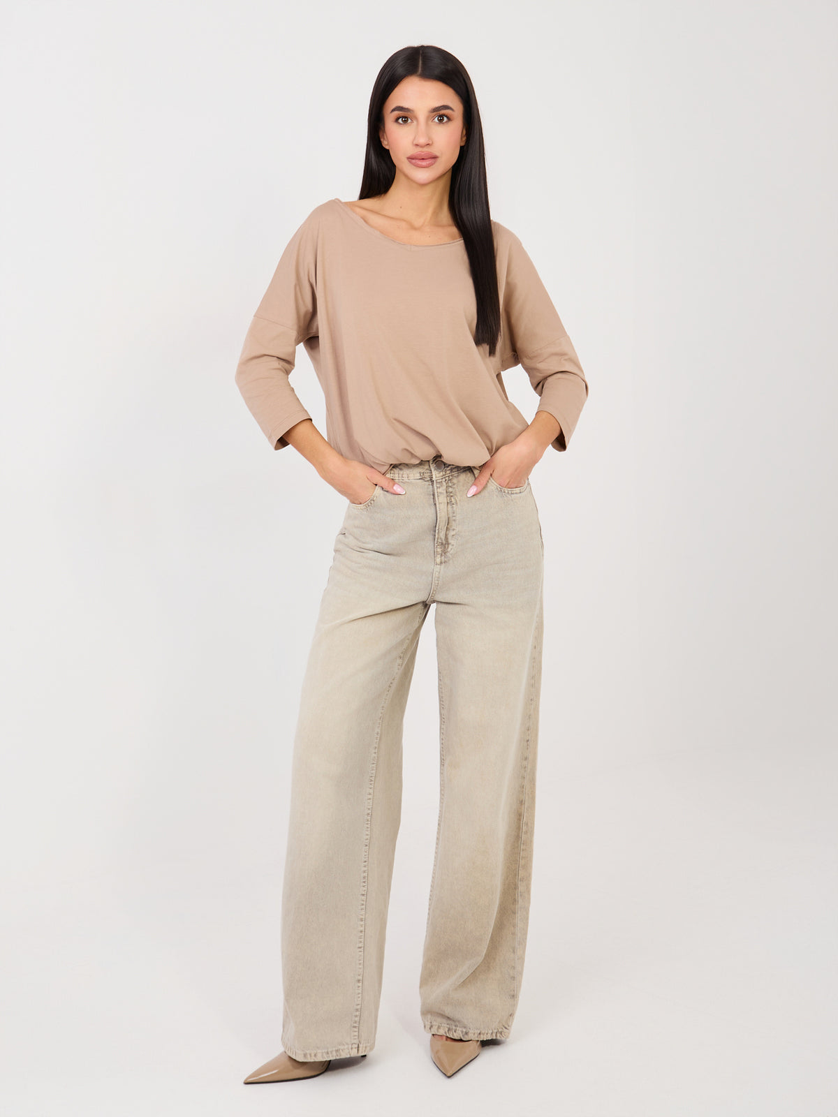Basic Blouse met 3/4 Mouw – Donkerbeige