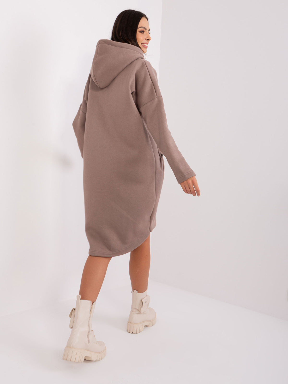 Lange Sweater met Rits en Capuchon – Donkerbeige