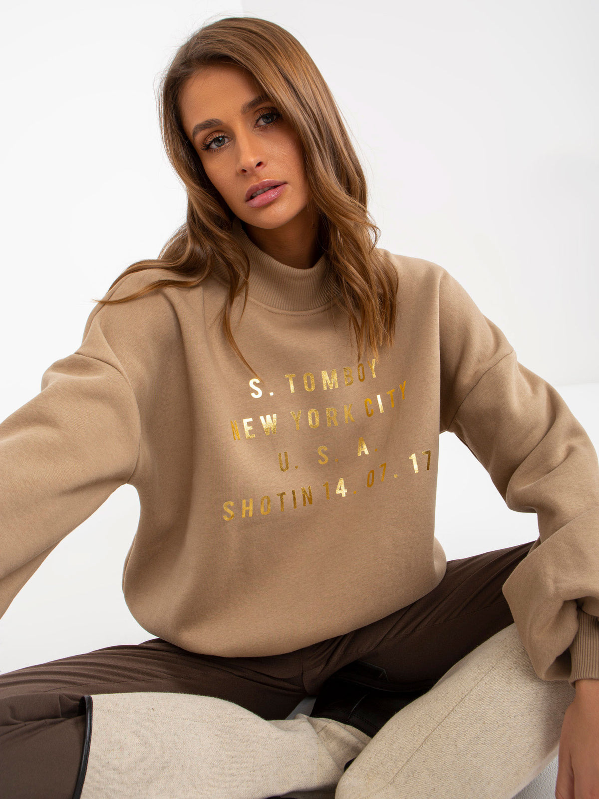 Sweater met Col en Print – Donkerbeige