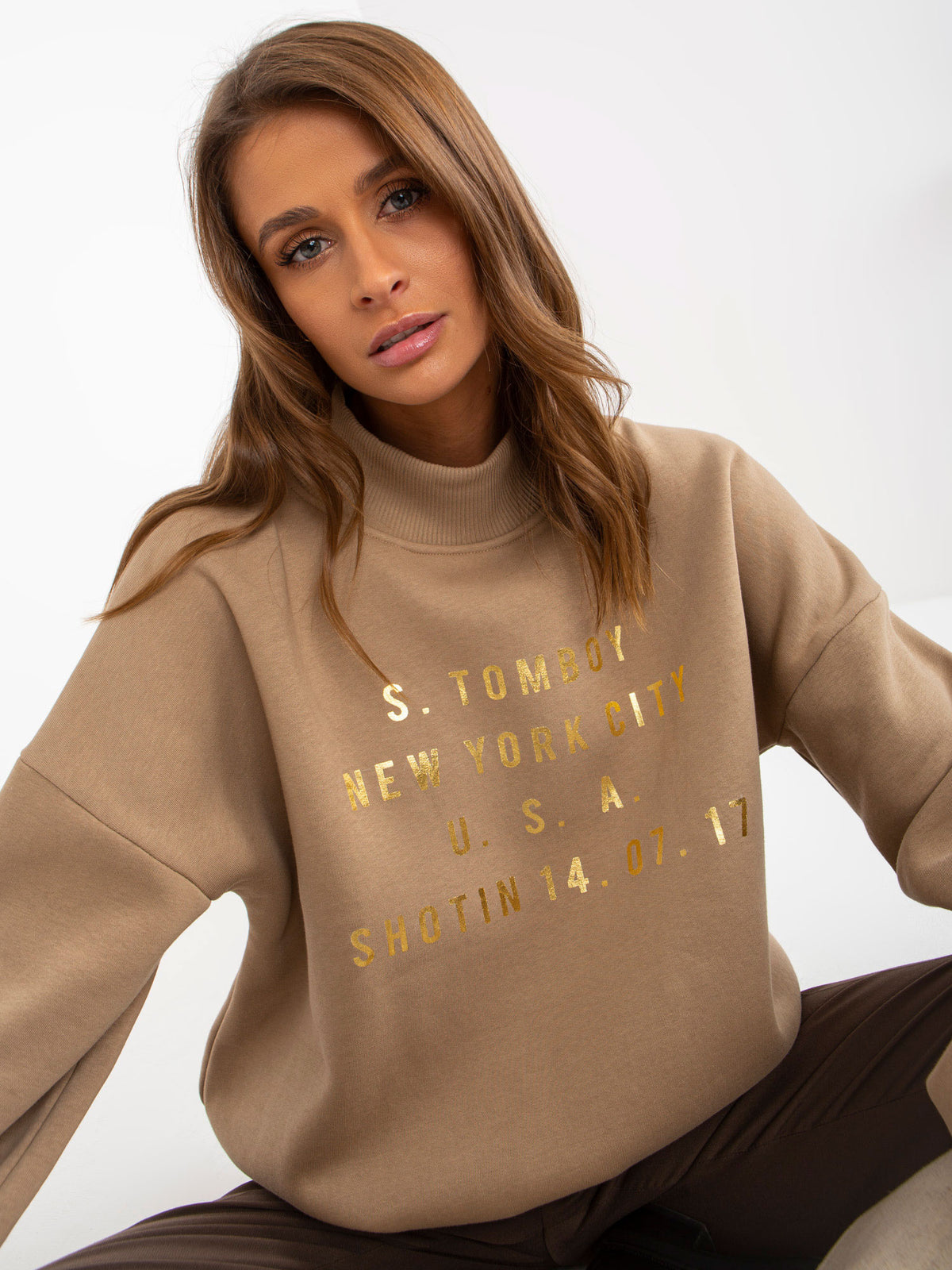 Sweater met Col en Print – Donkerbeige