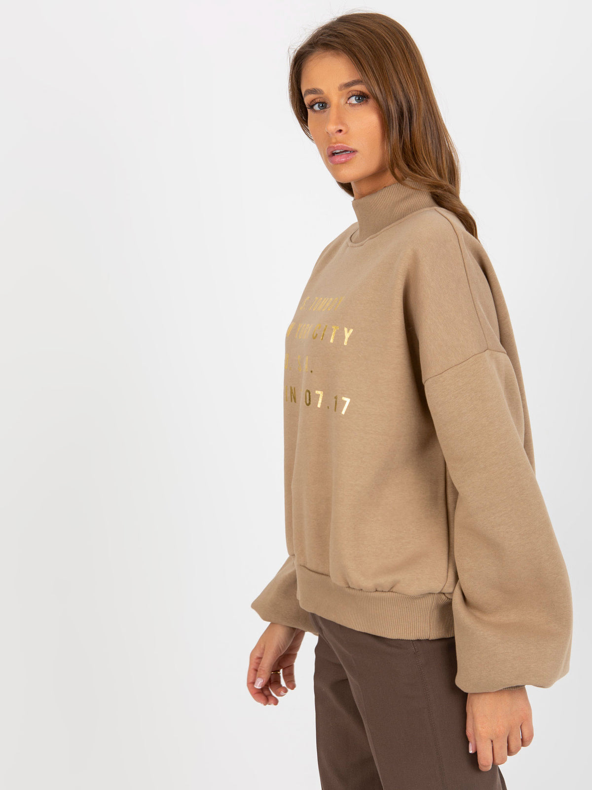 Sweater met Col en Print – Donkerbeige