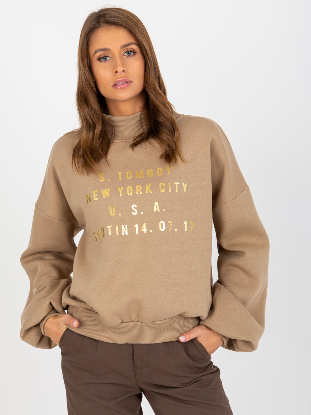 Sweater met Col en Print – Donkerbeige