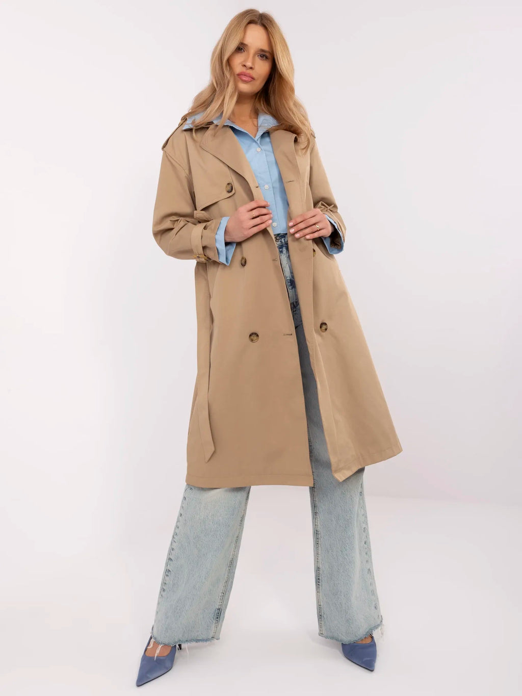 Donkerbeige Trenchcoat met Ceintuur en Overhemdetail