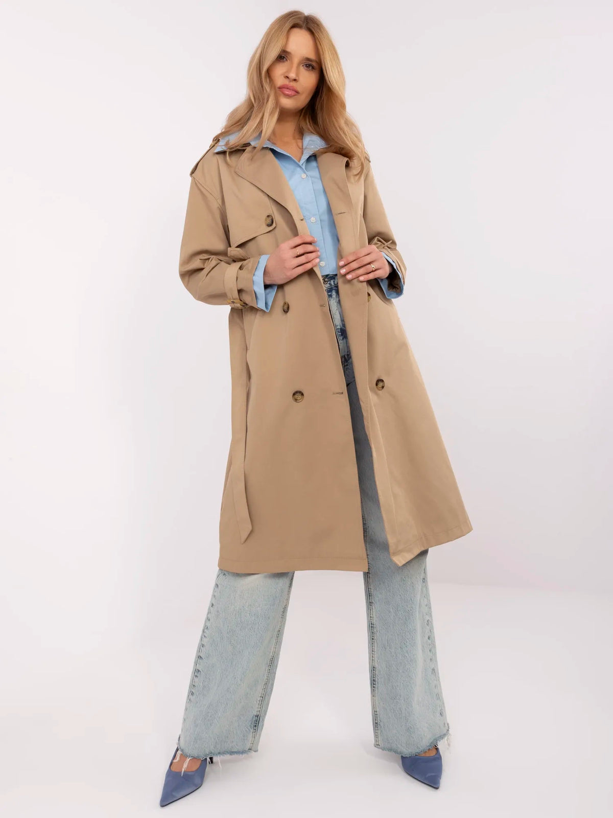 Donkerbeige Trenchcoat met Ceintuur en Overhemdetail