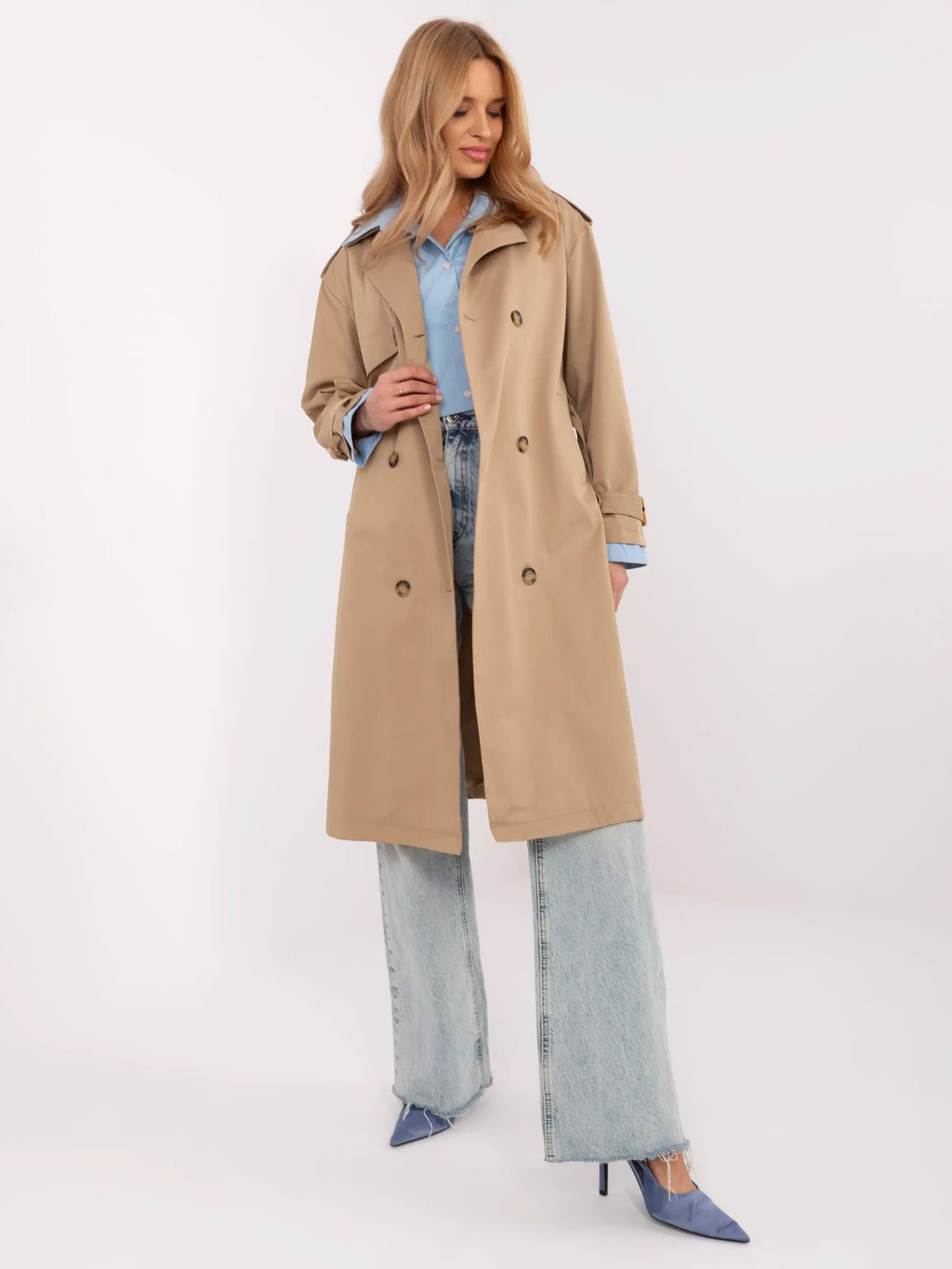 Donkerbeige Trenchcoat met Ceintuur en Overhemdetail